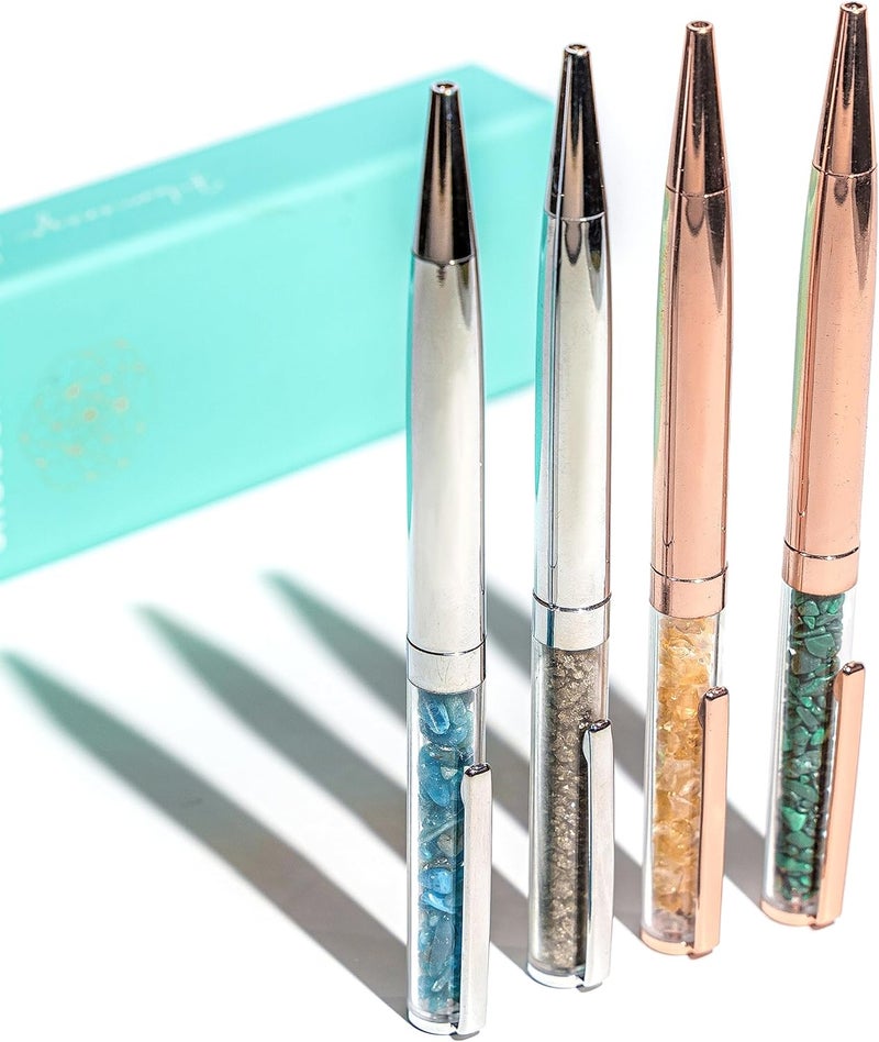 Conscious Items - Crystal Pen Set Citrine Malachite Pyrite Apatite - Rose Gold Pen Set with Crystals - Real Natural Healing Crystal Pens with Crystal - Unlimited Abundance - Manifestation Pen Set - Image 1